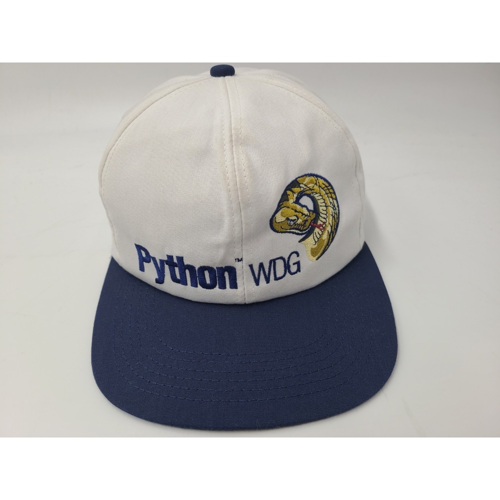 Vintage Python WDG Stamford Farmers Co-Op K-Products Snapback Hat Cap White Blue